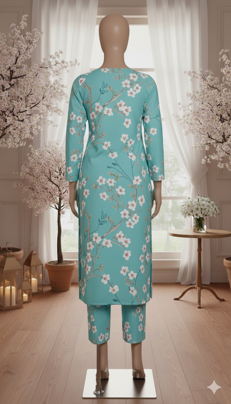 ZH2 Premium Cotton 2-Piece Unstitched Suit - Aqua Teal Floral (PCU 5022)