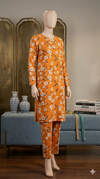 Vibrant Orange Floral Tunic & Straight-Leg Trouser Set – 2-Piece Co-Ord (PCU 5022)