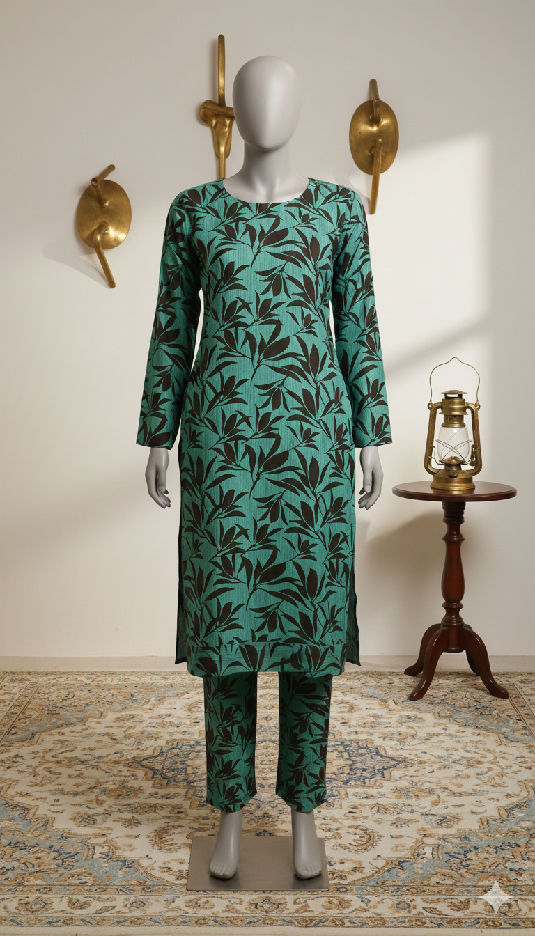 Emerald & Earth Leaf Printed Cotton Co-ord Set (PCU 5022)