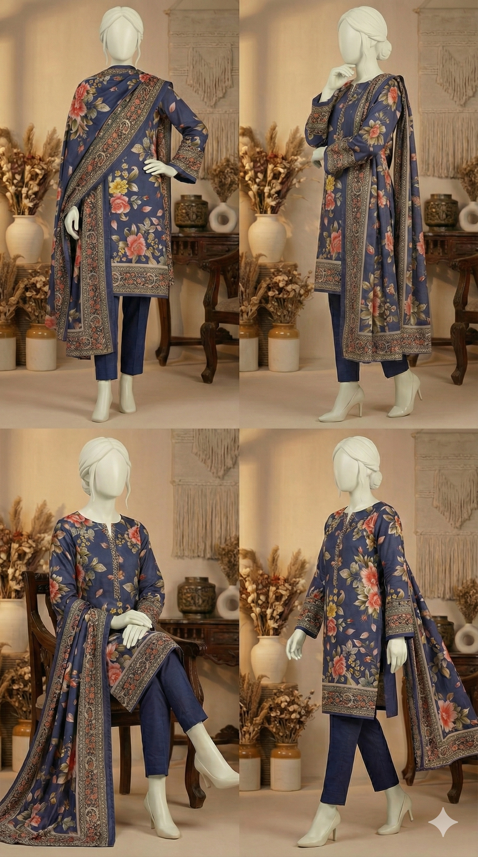 Midnight Blue Embroidered Lawn 3pcs Suit with Vibrant Peony Print (LPU 5052)