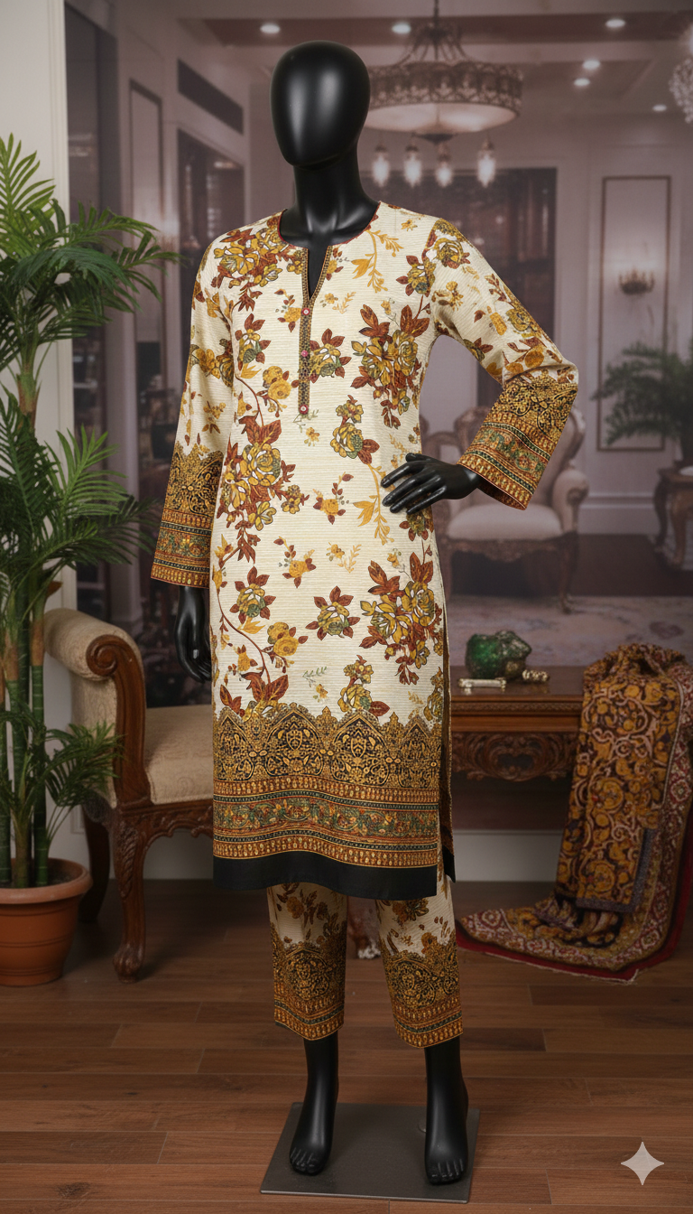 ZH2 Heritage Floral 2-Piece Suit | Cream & Mustard Unstitched Cotton (PCU 5023)