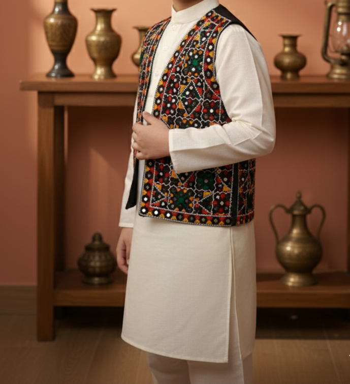 Traditional Embroidered Kutchi Vest | Mirror Work Tribal Koti/Waistcoat | Colorful Hand-Embroidered Black Jacket | Ethnic Bohemian Apparel (1027)