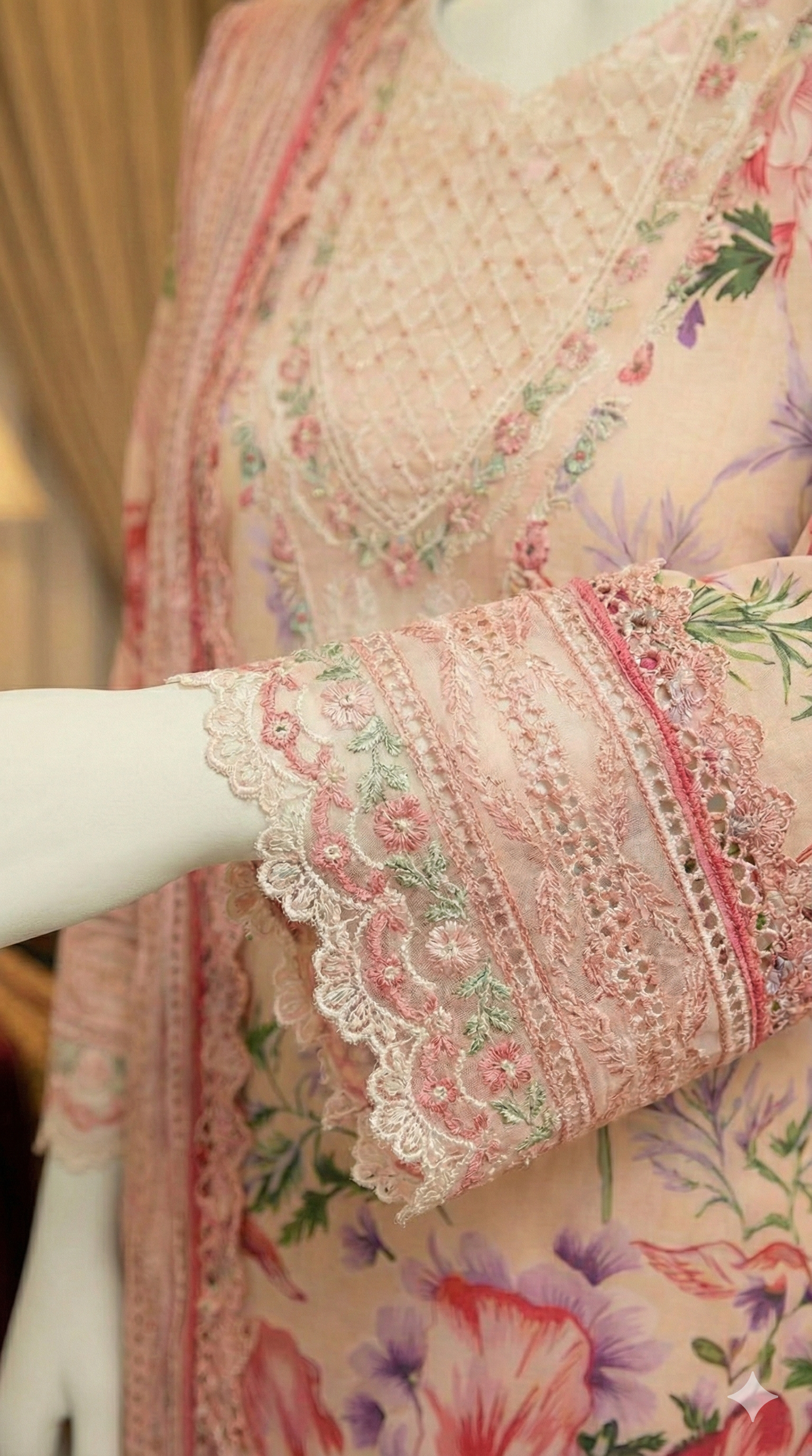 Front view of Dusty Blue Embroidered 3-Piece Lawn Suit with Floral Digital Print