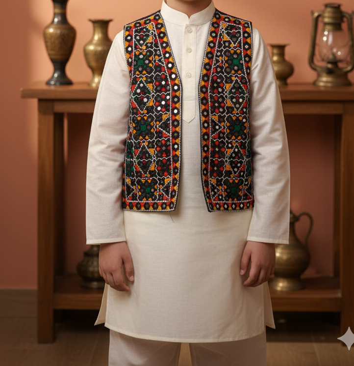 Traditional Embroidered Kutchi Vest | Mirror Work Tribal Koti/Waistcoat | Colorful Hand-Embroidered Black Jacket | Ethnic Bohemian Apparel (1027)