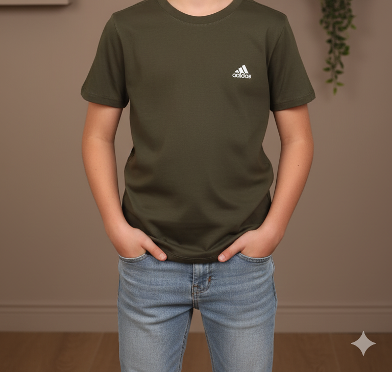 Boys' Adidas Olive Green T-Shirt | Classic Crew Neck Short Sleeve Tee | Casual Sports Essential Top | Military Green Cotton Blend (1008)