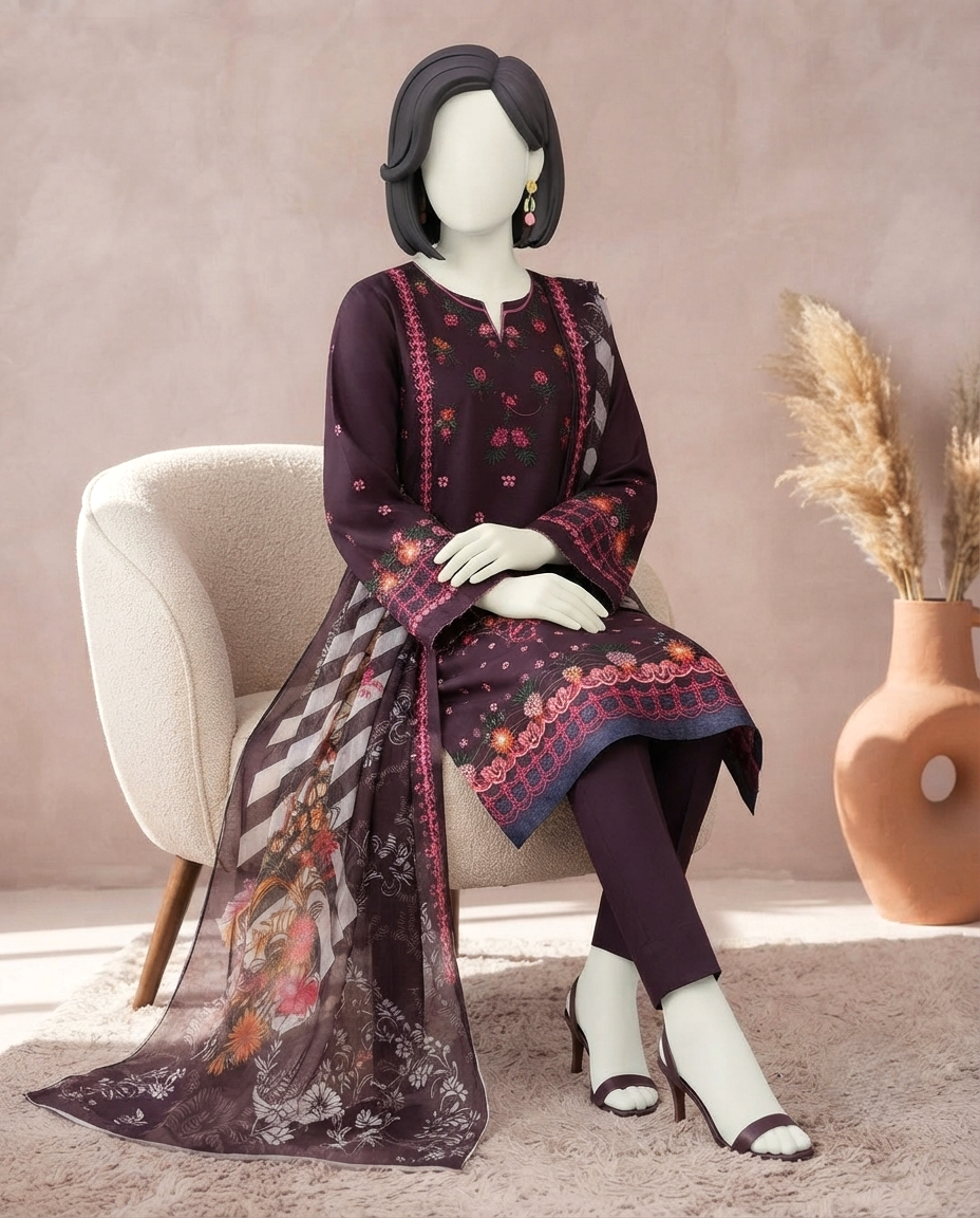 Regal plum 3-piece unstitched embroidered lawn suit with a printed dupatta displayed on a mannequin.