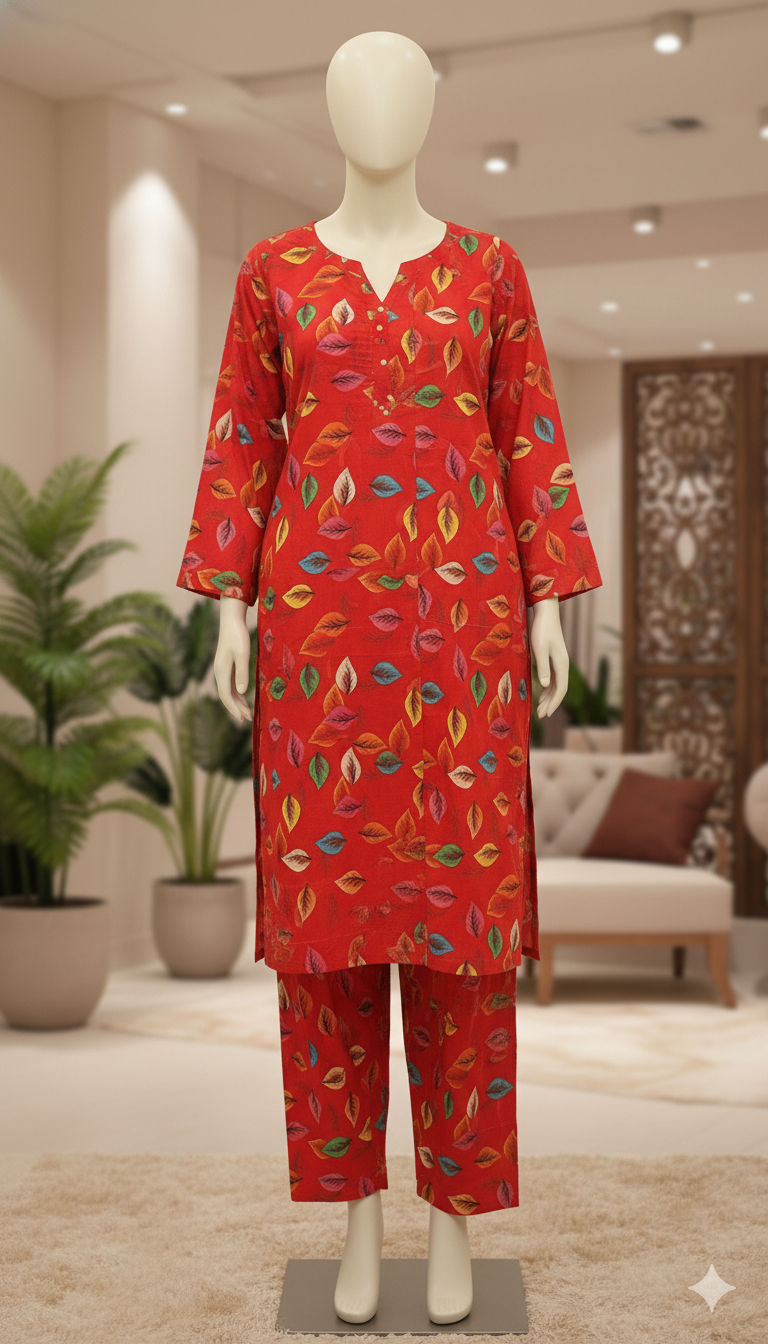 ZH2 Vibrant Autumn Leaf Print – 2pc Premium Cotton Unstitched Suit (PCU 5022)