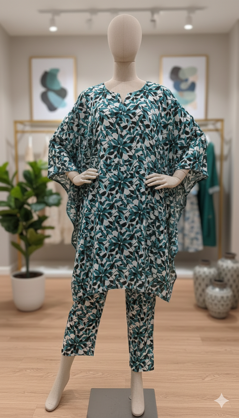 ZH2 Teal Botanical Leaf – 2pc Premium Cotton Unstitched Suit (PCU 5022)
