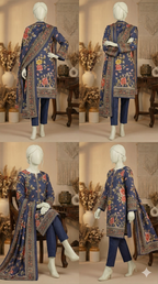 Midnight Blue Embroidered Lawn 3pcs Suit with Vibrant Peony Print (LPU 5052)