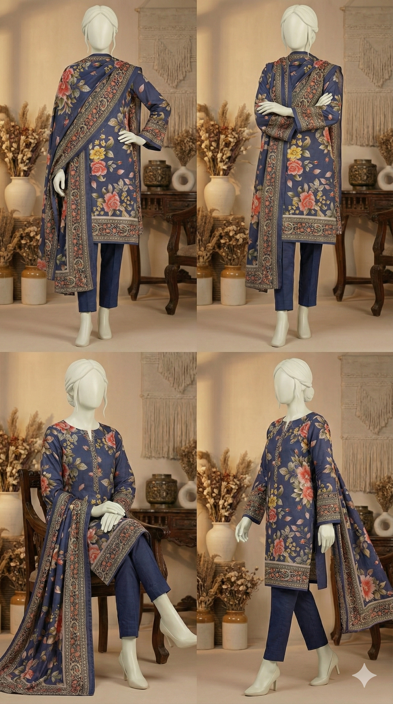 Midnight Blue Embroidered Lawn 3pcs Suit with Vibrant Peony Print (LPU 5052)
