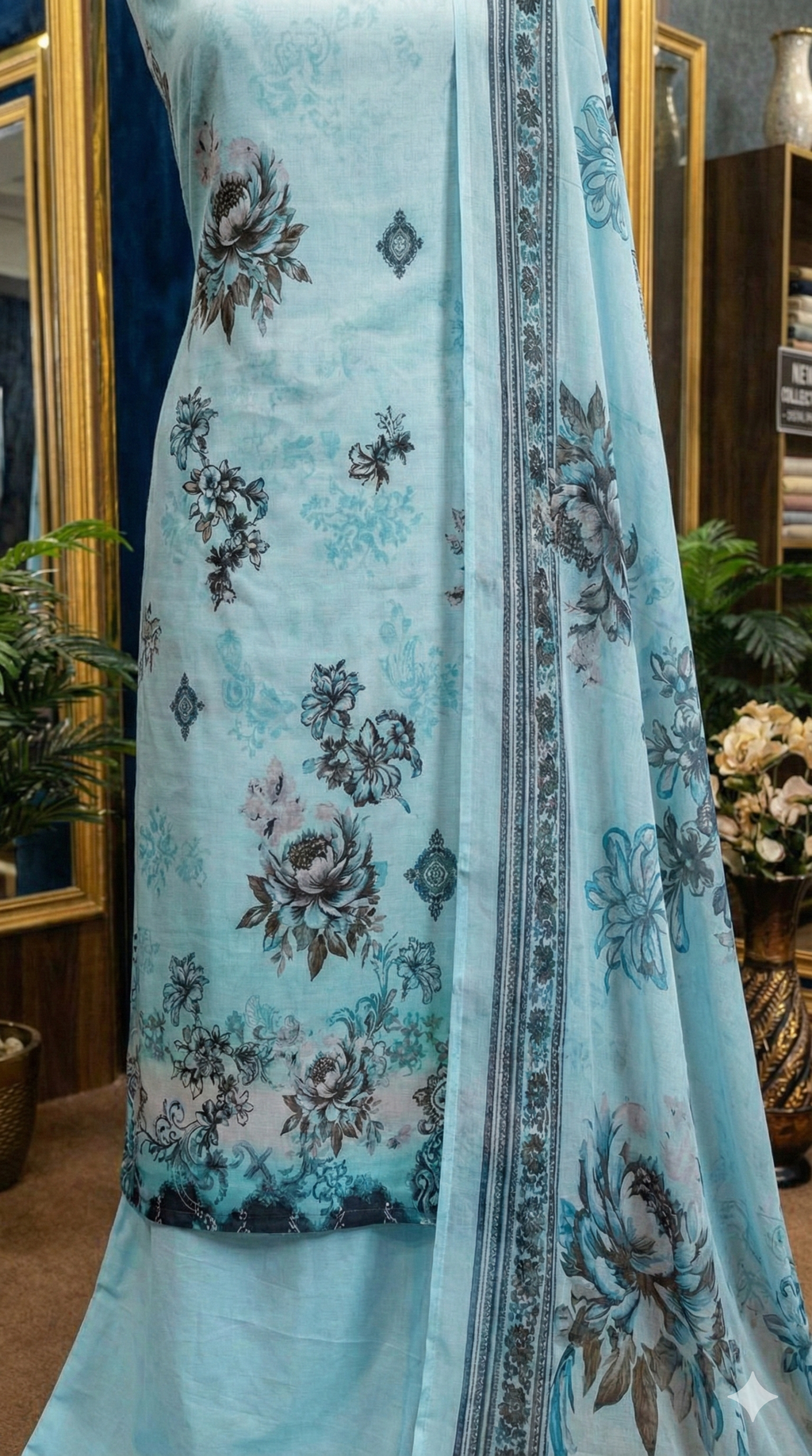 Light blue fabric with floral patterns draped over a mannequin in a room setting.