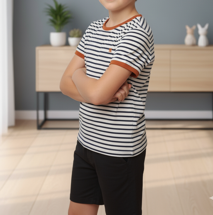 Boys' 2-Piece Summer Outfit: Nautical Stripe T-Shirt & Black Knit Play Shorts | Casual Set (1016)
