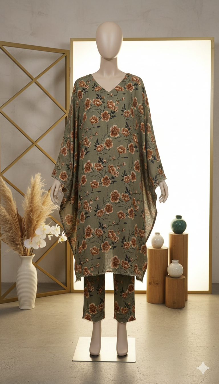 ZH2 Earthy Sepia Floral – 2pc Premium Cotton Unstitched Suit (PCU 5022)