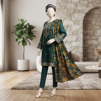 Emerald green 3-piece unstitched embroidered lawn suit with a floral printed dupatta displayed on a mannequin.