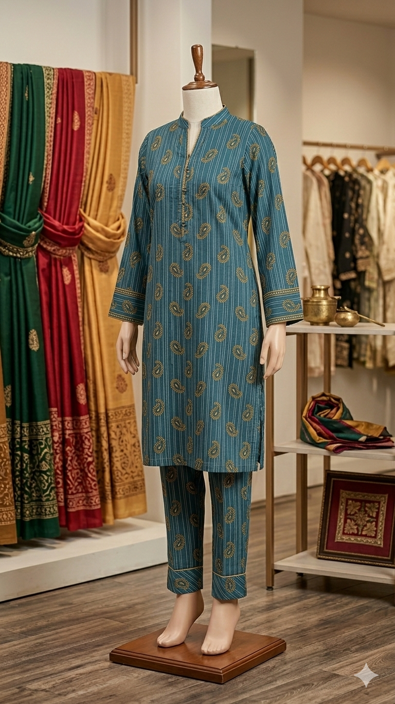 ZH2 Store | Signature Pinstripe & Motif Collection – 2-Piece Premium Lawn Kurta & Trouser Set (PCU 5022)