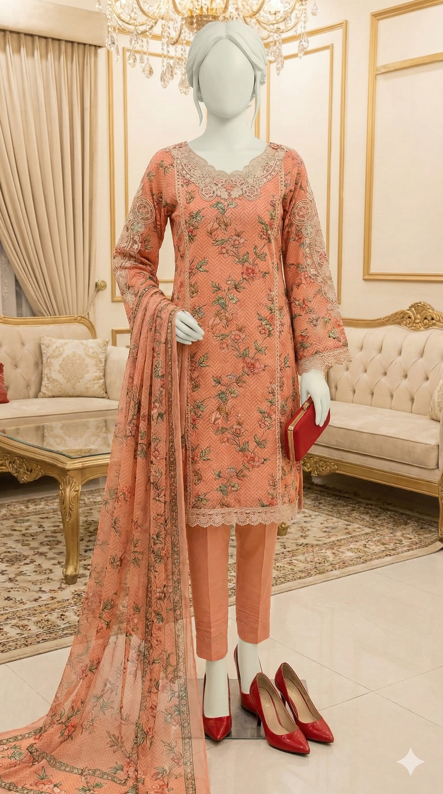 Peach-colored embroidered outfit with matching dupatta on a mannequin in an elegant room.