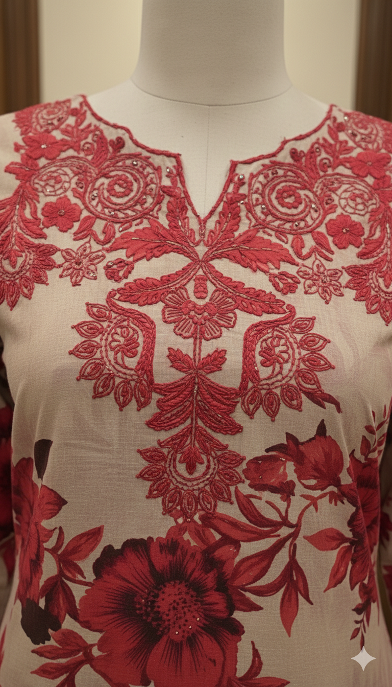 Beige & Maroon Embroidered Suit with Intricate Cutwork Lace Border (LEU 5053)