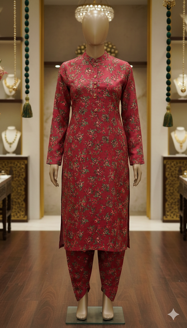 Ruby Radiance Floral Kurti Set – 3-Piece Festive Wear (PCU 5022)