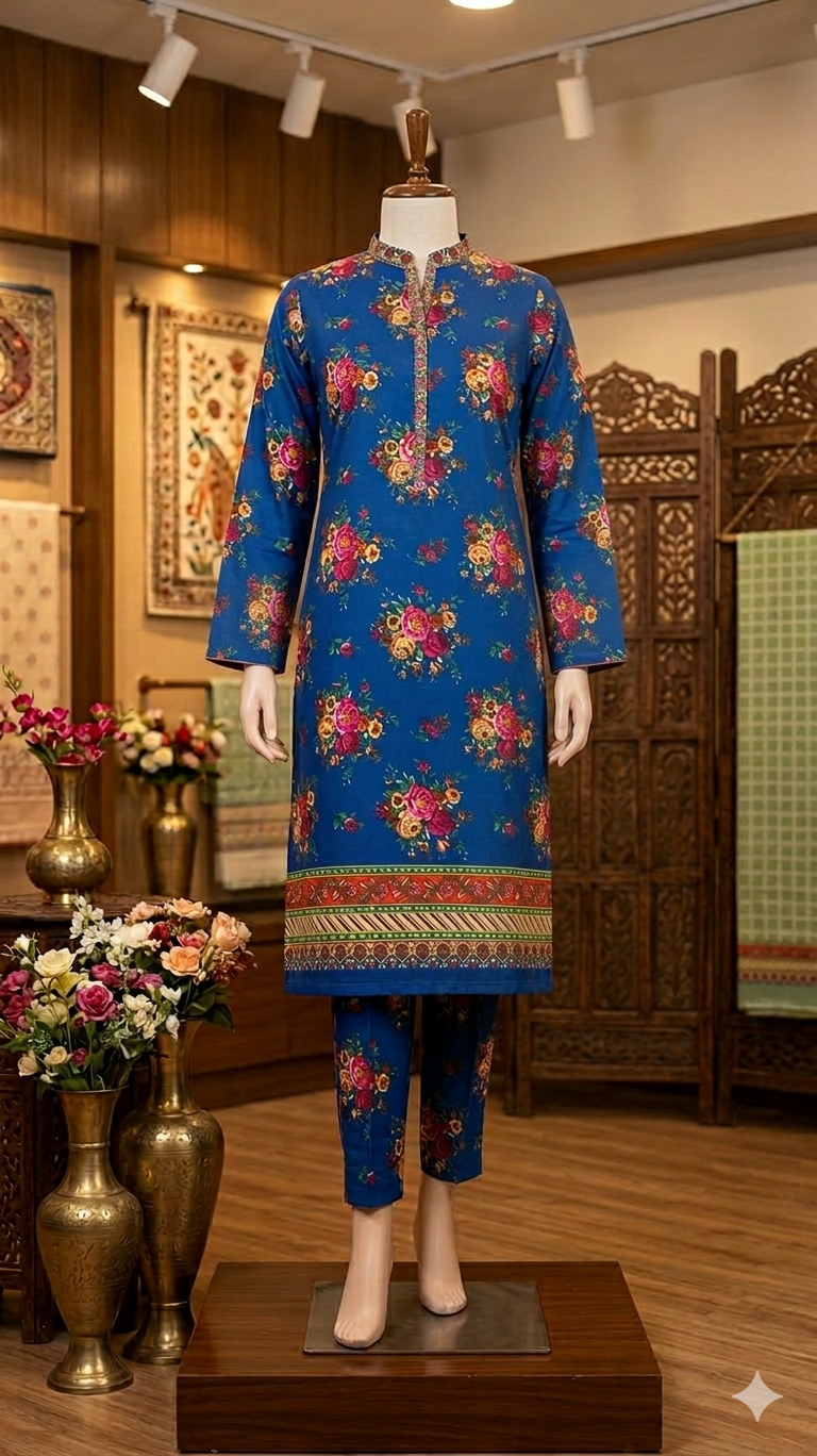 Women's Royal Blue Floral Printed Kurta & Trouser Set - Ethnic Festive Wear (PCU 5023)