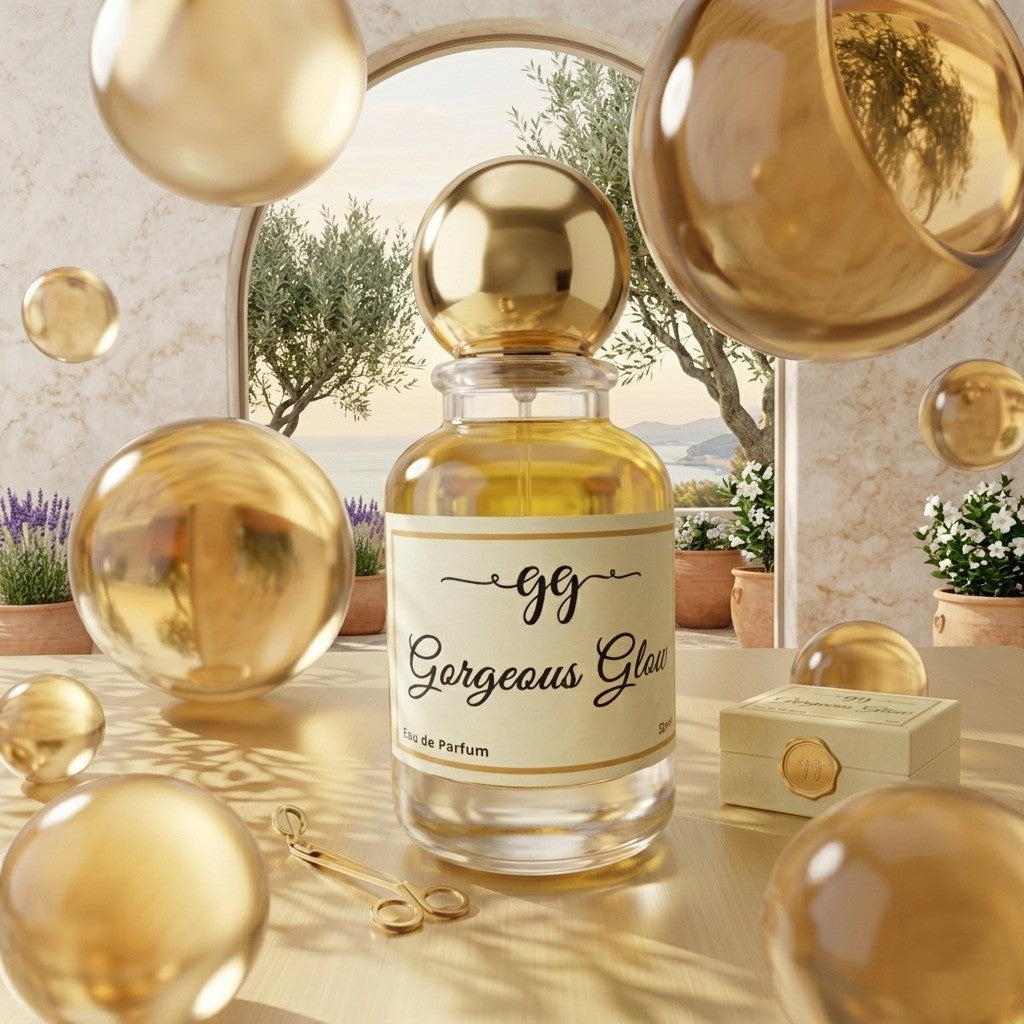 ASAAH Fragrance Gorgeous Glow EDP bottle displayed against a Mediterranean background with floating gold spheres and lavender plants.
