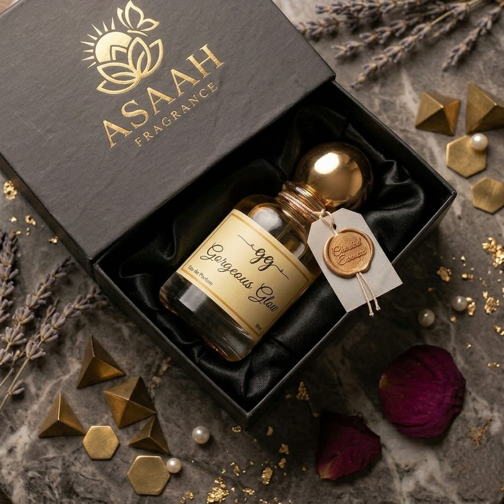 Gorgeous Glow perfume bottle by ASAAH Fragrance standing next to its black presentation box on a marble surface with lavender sprigs and rose petals.