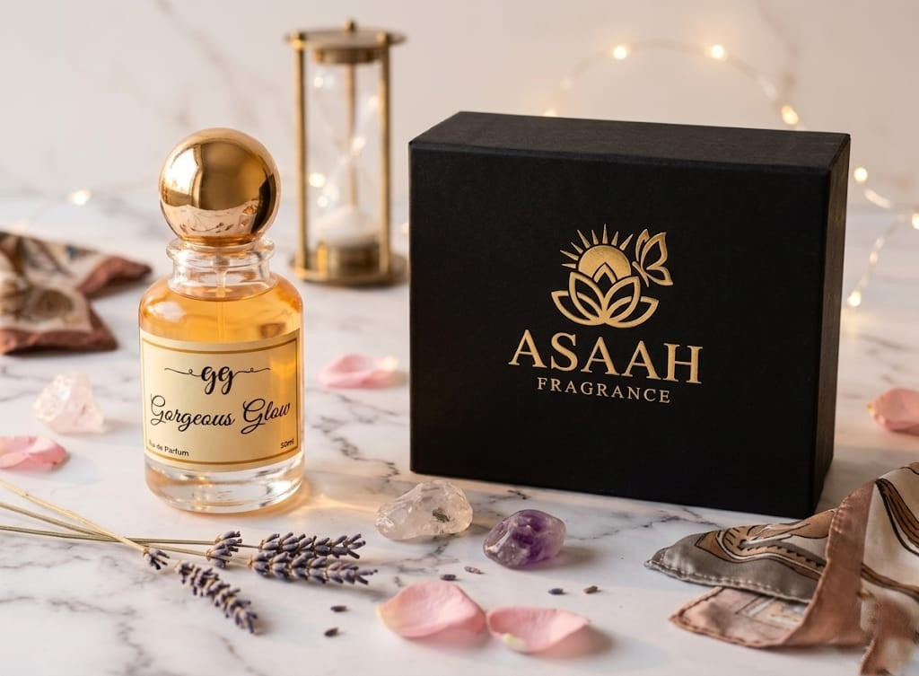 ASAAH Fragrance Gorgeous Glow 50ml Eau De Parfum bottle inside a luxury black satin-lined gift box with gold foil logo, dried lavender, and gold accents.