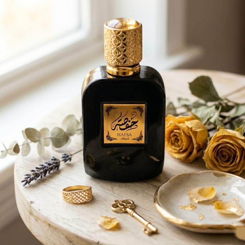 SAAH Fragrance HAFSA 50ml black bottle with gold cap next to a luxury black and gold gift box on a green marble surface.