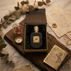 Top-down view of HAFSA by ASAAH perfume in an open satin-lined gift box surrounded by antique maps, a compass, and vintage letters.