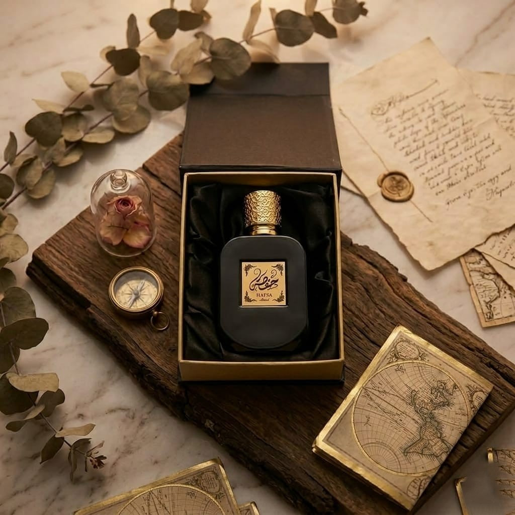 Top-down view of HAFSA by ASAAH perfume in an open satin-lined gift box surrounded by antique maps, a compass, and vintage letters.