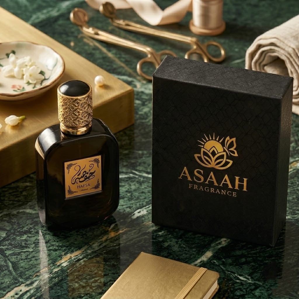 HAFSA Eau De Parfum 50ml bottle on a light wood surface with yellow roses, a gold key, and a gold ring.
