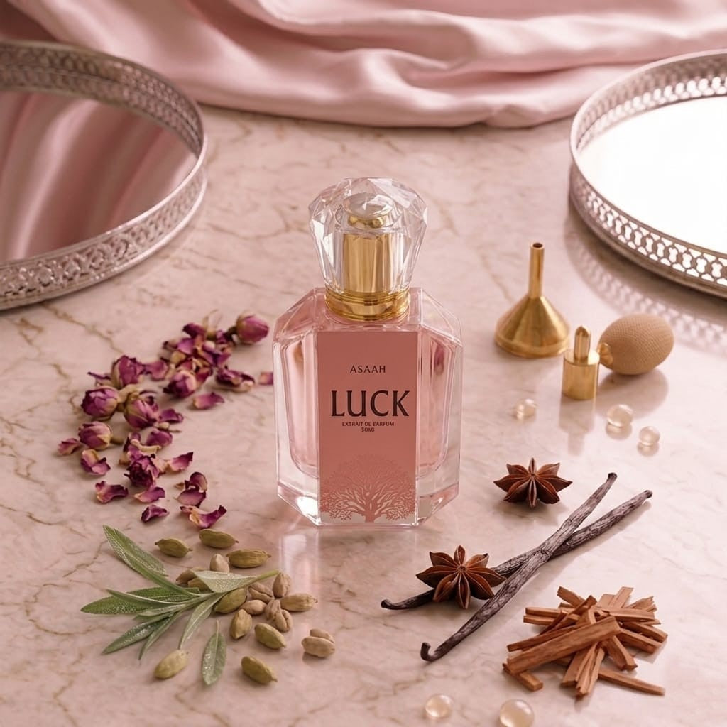 ASAAH Fragrance LUCK 50ml bottle with jewel-cut cap next to its luxury soft-pink and gold gift box on a marble surface.