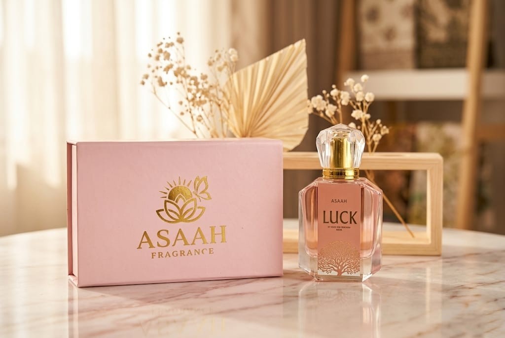 LUCK Extrait De Parfum bottle displayed with ingredients including vanilla beans, cardamom, star anise, and rose petals on marble.