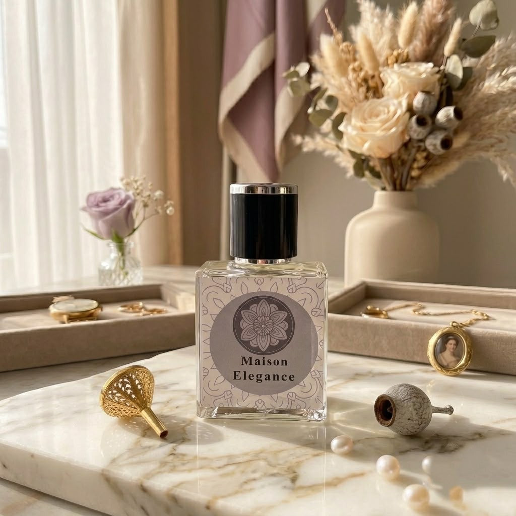 Front view of Maison Elegance perfume bottle displayed on a white marble slab with a gold funnel, delicate pearls, jewelry trays, and soft floral arrangements.