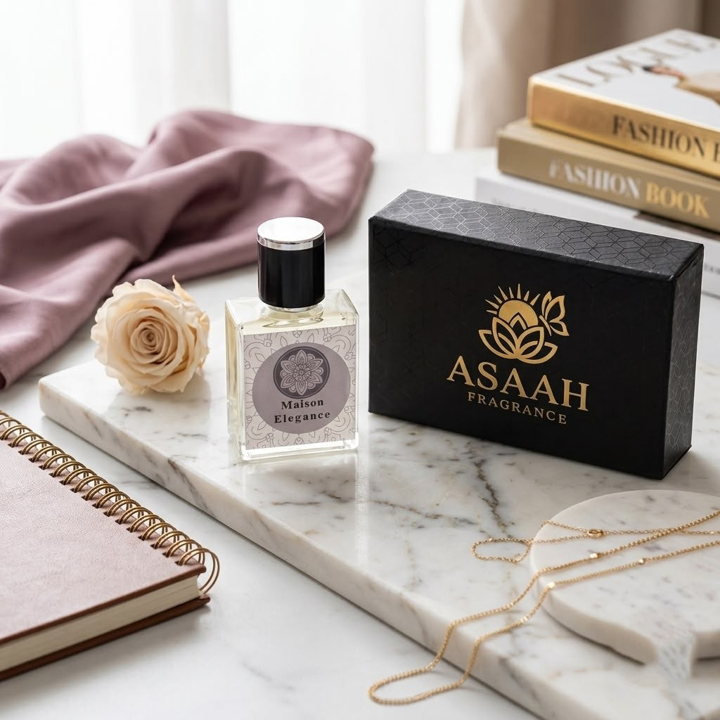 ASAAH Fragrance Maison Elegance Eau De Parfum bottle standing next to its textured black and gold presentation box on a marble slab with a single cream rose.