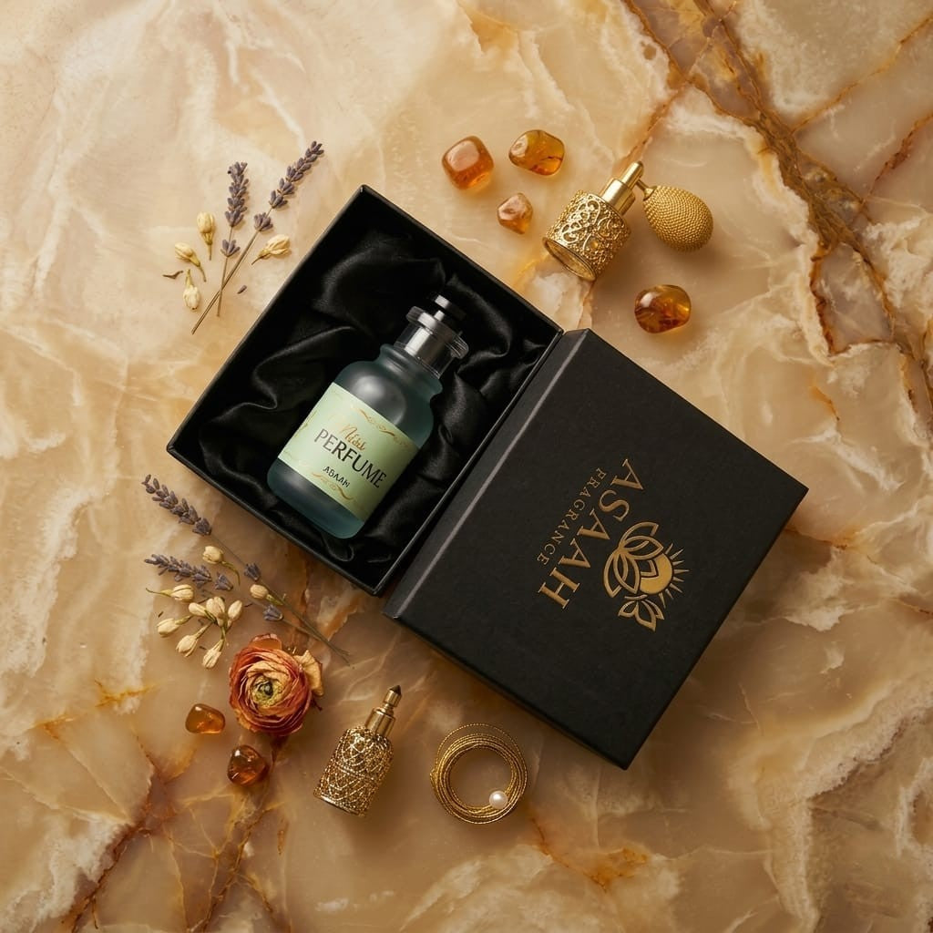 Top-down view of ASAAH Miss Perfume bottle in a luxury black satin-lined gift box with gold logo, jasmine flowers, and amber stones.