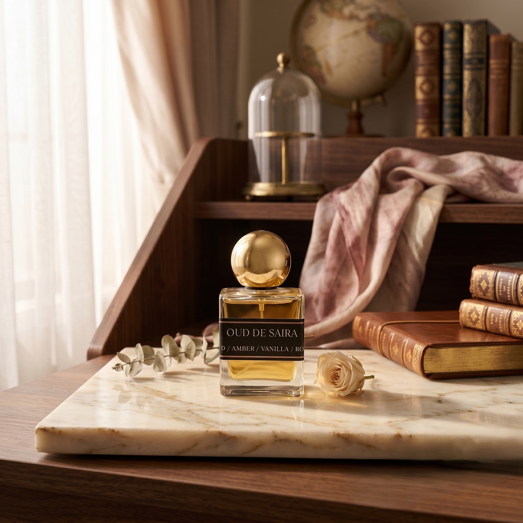 Oud De Saira Eau De Parfum bottle standing on a polished marble surface with a cream rose bud against a classic wooden desk background.