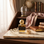 Oud De Saira Eau De Parfum bottle standing on a polished marble surface with a cream rose bud against a classic wooden desk background.
