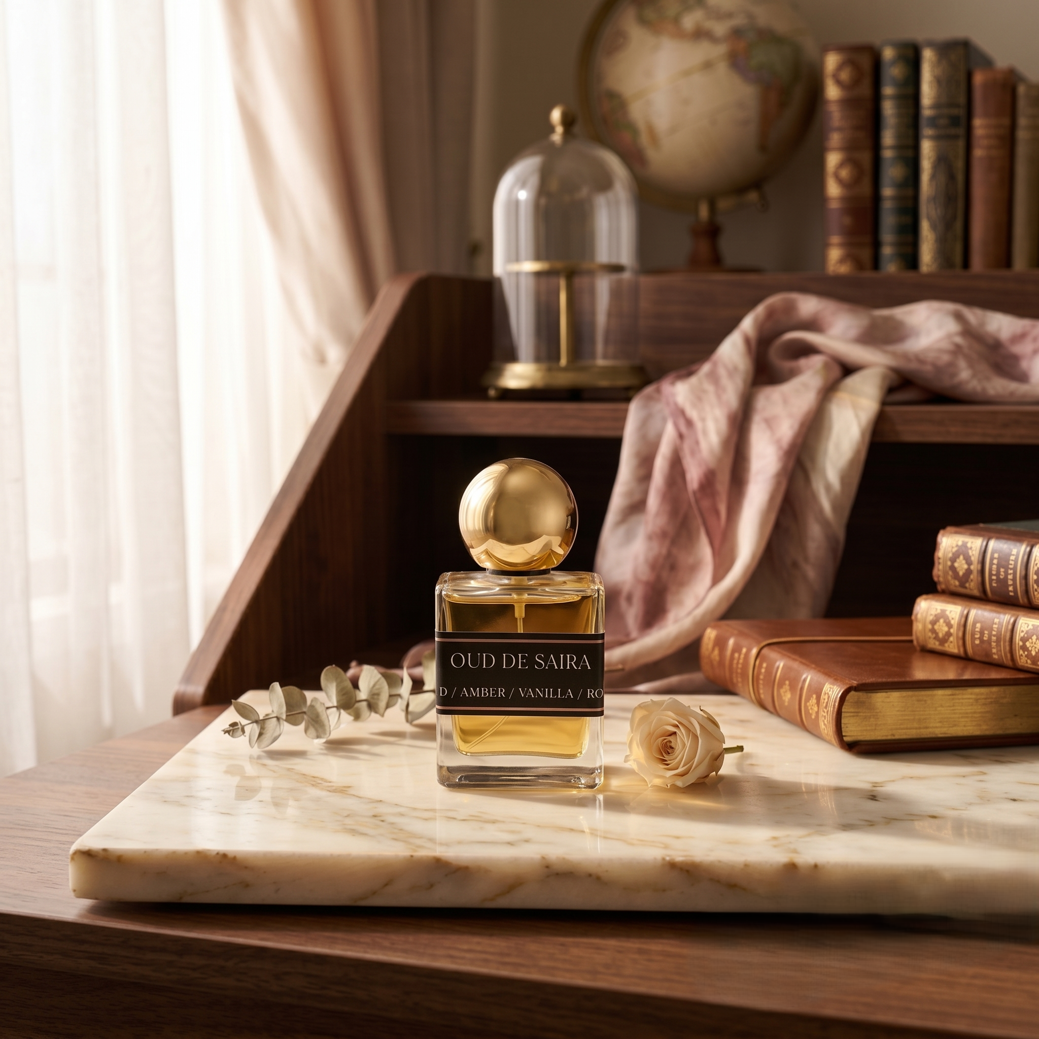 Oud De Saira Eau De Parfum bottle standing on a polished marble surface with a cream rose bud against a classic wooden desk background.