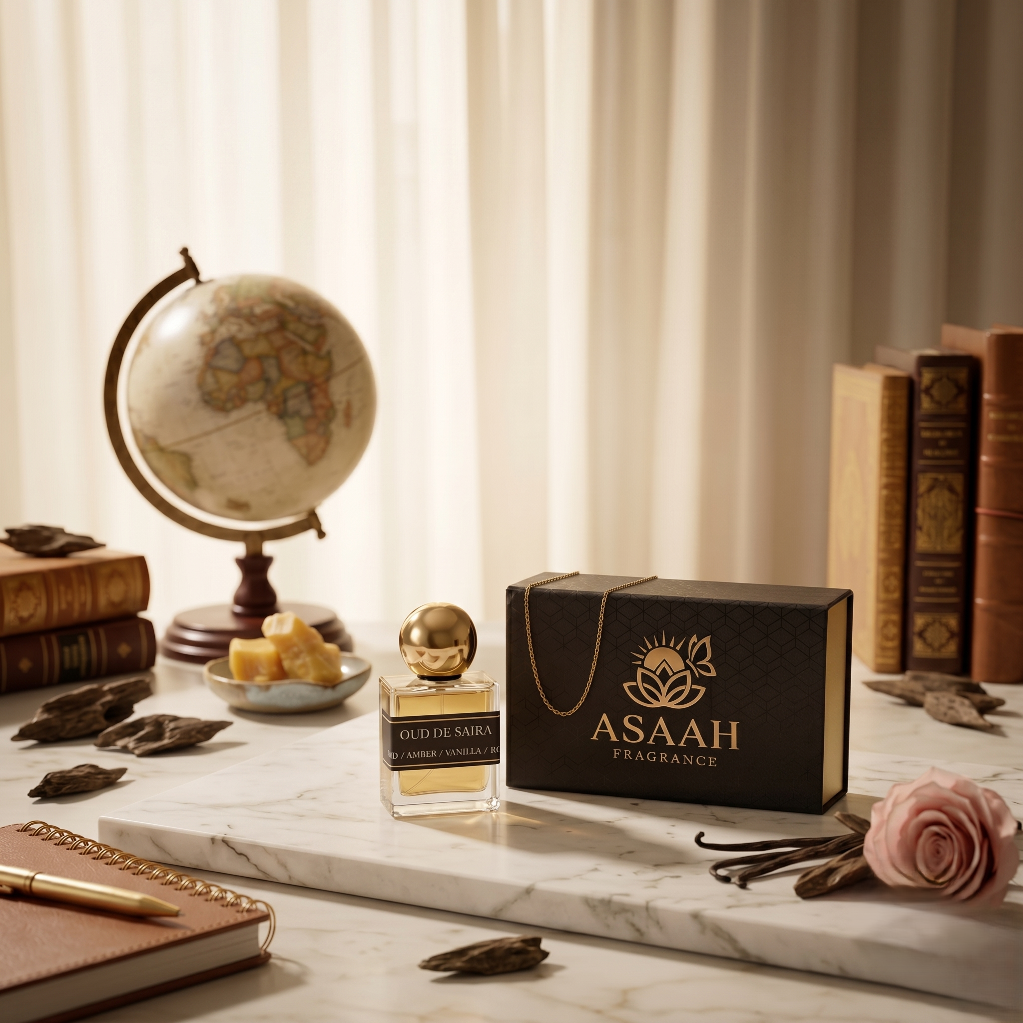 ASAAH Fragrance Oud De Saira 50ml bottle next to its luxury black gift box on a marble slab, decorated with a pink rose, vanilla sticks, and a vintage globe.