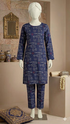 2-Piece Navy Blue Monogram Traditional Suit – Printed Kurta & Trouser Set (PCU 5022)