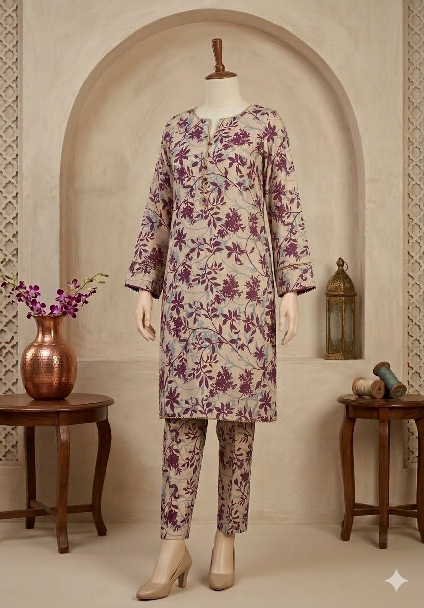 Elegant Plum Floral 2-Piece Traditional Suit – Printed Kurta & Matching Trousers (PCU 5022)