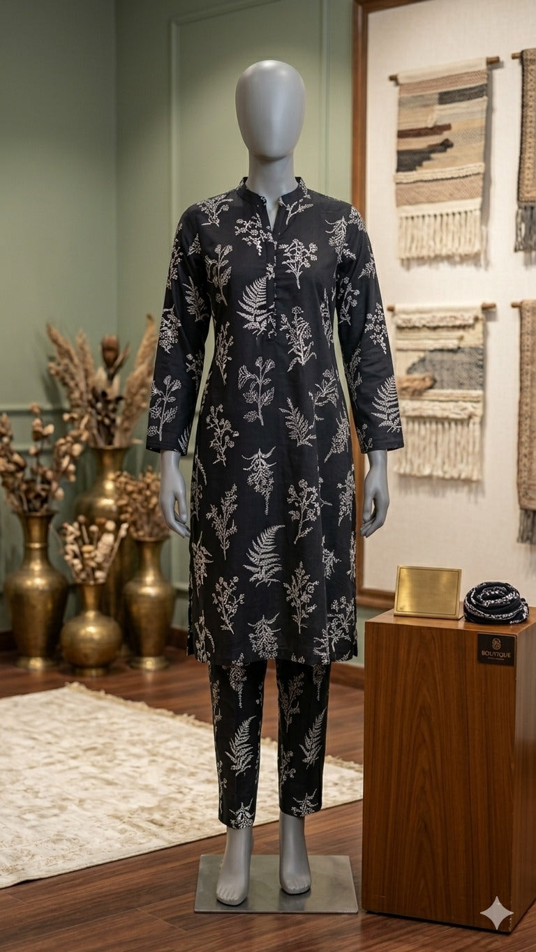 Midnight Fern Print: 2-Piece Cotton Co-ord Set (PCU 5022)