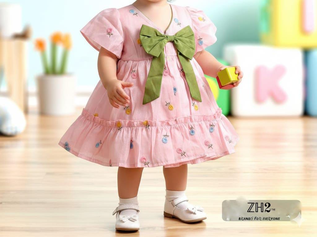 Toddler Girl Floral Embroidered Dress with Big Bow | Spring & Party Occasion Dress (1030)