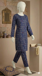2-Piece Navy Blue Monogram Traditional Suit – Printed Kurta & Trouser Set (PCU 5022)