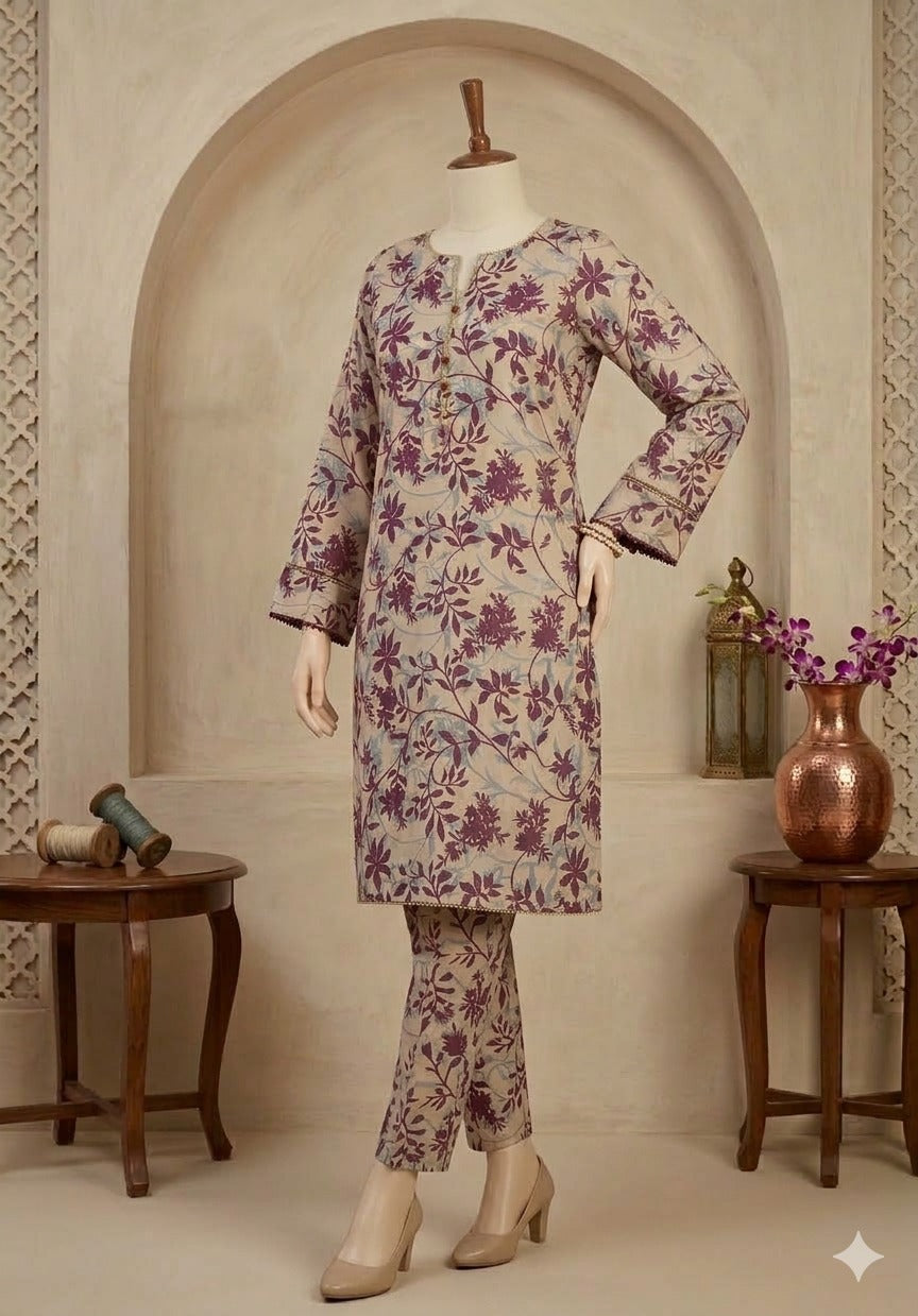 Elegant Plum Floral 2-Piece Traditional Suit – Printed Kurta & Matching Trousers (PCU 5022)