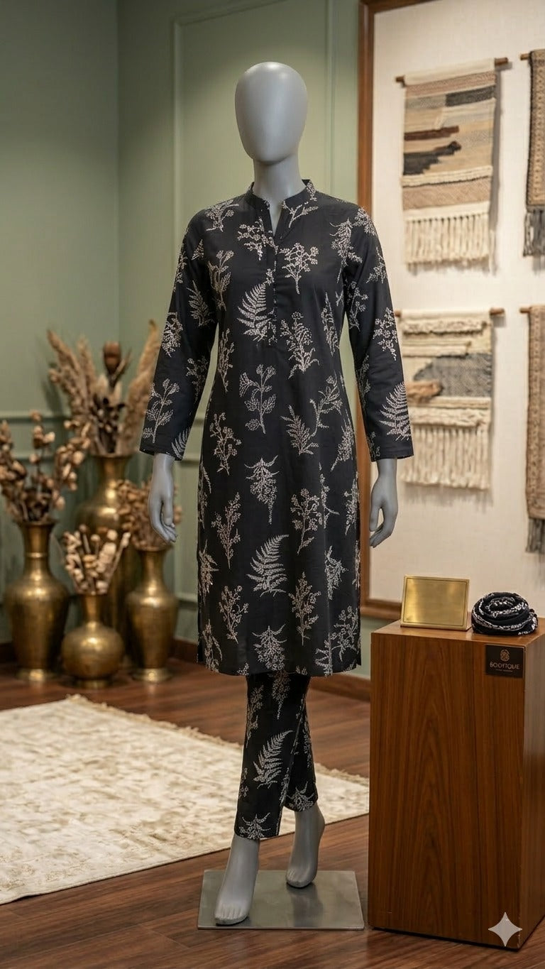 Midnight Fern Print: 2-Piece Cotton Co-ord Set (PCU 5022)