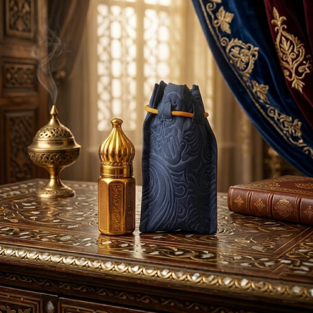 Four luxury Asaah Fragrance gold-capped Attar bottles on marble with spice accents and brand card.