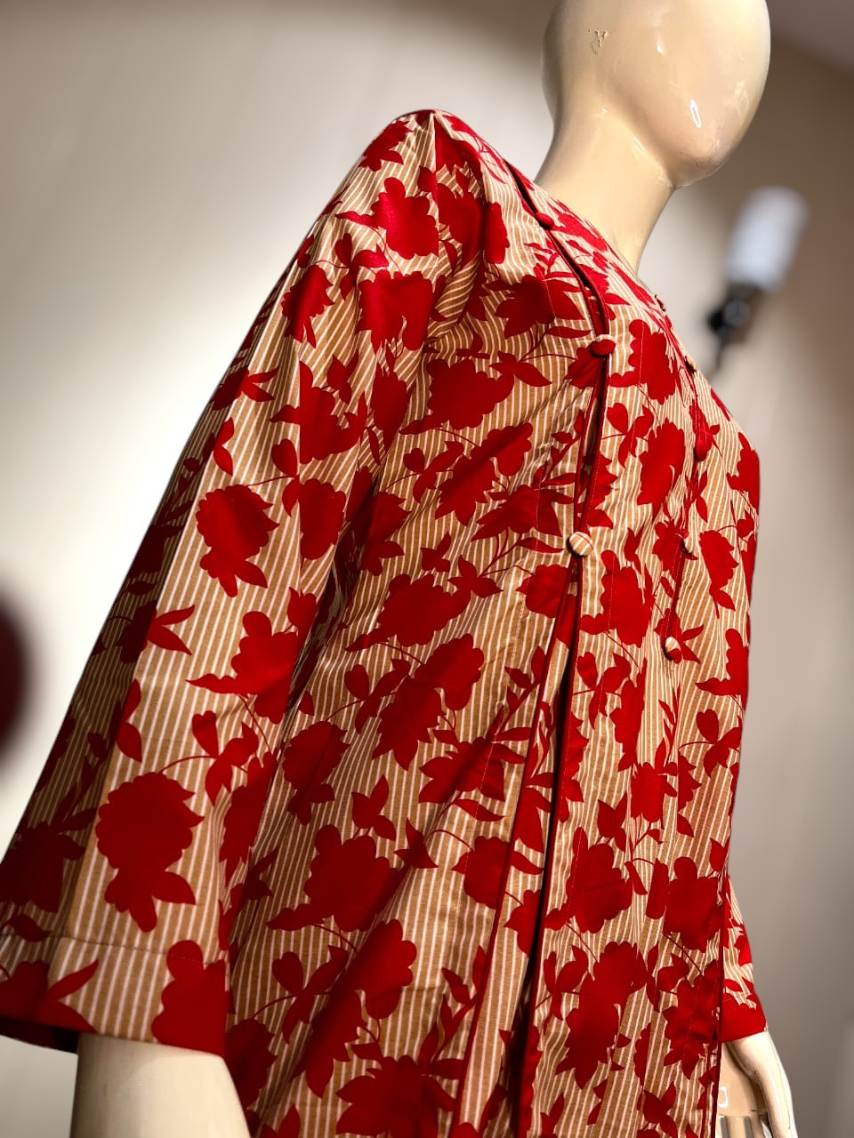 Vibrant Red & Beige Floral Printed Cotton Kurti/Tunic | Casual V-Neck Frock Style Shirt (CFS-3012)