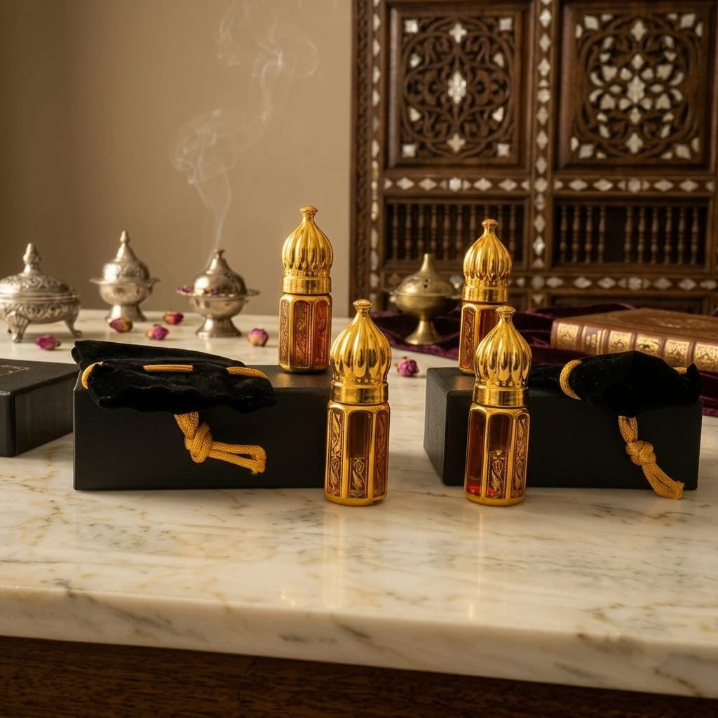 Exotic gold and red patterned Attar perfume oil bottles displayed on an intricate wooden mosaic inlay tray.